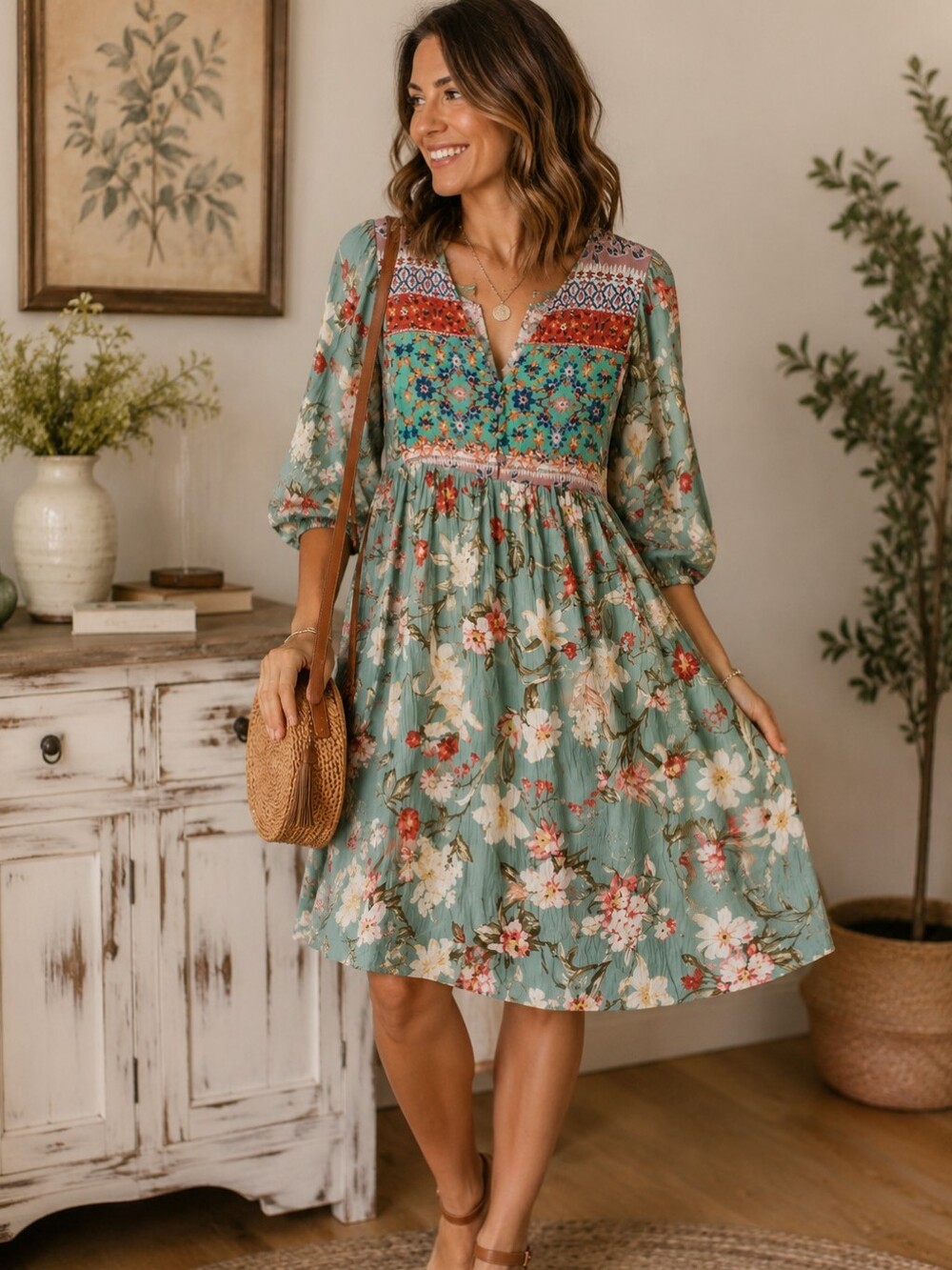 Umgee Floral Boho Empire Waist Dress Sage Green Size Small - Picture 2 of 3